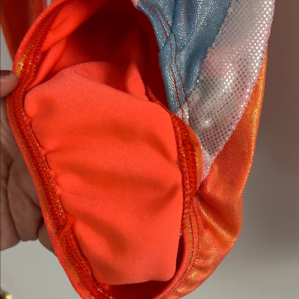 GK Elite Shimmering Orange, Silver and blue Leotard girls size large - Picture 6 of 7
